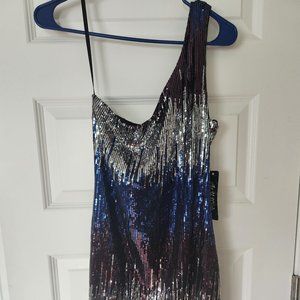 Blue and Black Sequin One Shoulder Dress